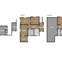 Floor plan of a family house with a wooden decor floor and practical room layout.