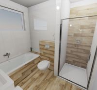 Bathroom with a bathtub and shower, wooden decor flooring in a family house.
