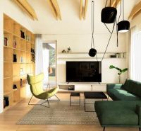 Living room with a fireplace, green sofa, and wood-patterned flooring in a family house.