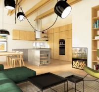 A living room in a family house with light furniture and a wooden-patterned floor.