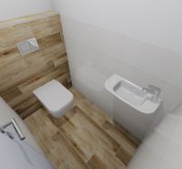 A toilet with wood-patterned flooring, white walls, and a small sink in a family house.