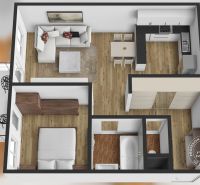 Floor plan of a 2-room apartment with a furnished kitchen and flooring with a wooden decor.