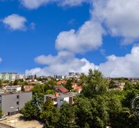 View of the skyline from Hraničná Street, Bratislava - Ružinov, with apartment buildings and greenery.