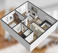 Floor plan of a 2-room apartment with wood-patterned flooring, furniture, and a kitchen unit.