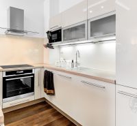 A kitchen in a 2-room apartment with white cabinets and a wood-patterned floor.