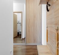 A hallway in a 2-room apartment with a wooden decor floor and storage space.