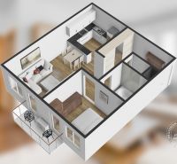 Floor plan of a 2-room apartment with a living room, kitchen, and wooden decor flooring.