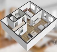 3D floor plan of a 2-room apartment with wood-patterned flooring and room arrangement.