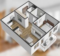 Layout of a 2-room apartment with wood-patterned flooring and a balcony.