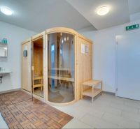 A sauna with a wooden decor floor in a 2-room apartment.