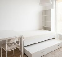 Studio apartment with a bed, desk, shelving unit, and floor with wood decor.