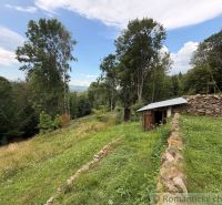 A garden with a stone wall by a family house in Kokava nad Rimavicou, surrounded by forests.