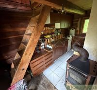 A kitchen in a family house with stairs, wooden walls, and a wood stove.