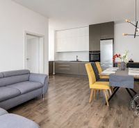 Living room in a 3-room apartment with a wooden decor floor and colorful chairs.