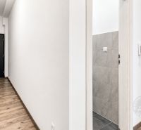 A hallway with light walls and a wooden decor floor in a 3-room apartment.
