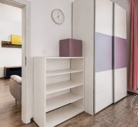 Interior of a 3-room apartment with a wardrobe, shelves, blinds, and flooring with a wooden decor.