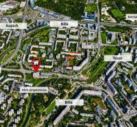 Aerial view of Bratislava - Petržalka with marked locations, including Aupark and Tesco.