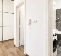 A spacious hallway with a wooden decor floor and a bathroom in a 3-room apartment.