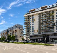 Rusovská cesta Street in Bratislava-Petržalka with contemporary architecture and residential buildings.