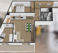 Design of a 3-room apartment with a wood-decor floor and functional furniture arrangement.