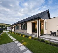 A family house in Ľubotín with landscaped garden, terrace, and modern roof.