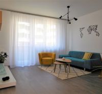 Living room in a two-room apartment with a wooden decor floor, a blue couch, and a yellow armchair.