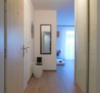 Hallway of a 2-room apartment with a wooden decor floor, mirror, and bright lighting.