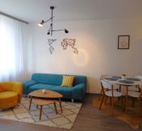 Living room in a two-room apartment with a sofa, armchair, coffee table, and dining table.