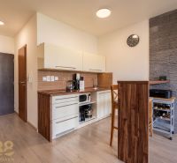 The kitchen of a 2-room apartment with a wooden decor floor and cooking equipment.