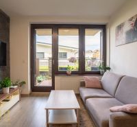Living room in a 2-room apartment with a wood-patterned floor and a view outside.