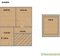 Basement floor plan of a family house with four rooms and wooden floor decor.
