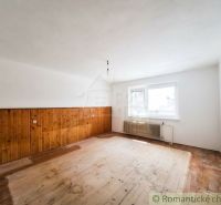 A room with a wood-patterned floor in a family house, walls made of wooden panels.