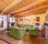 Living room in a family house with a wooden decor floor and a fireplace.