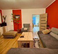 Living room with wood-patterned flooring, gray sofa, and red walls in a family house.