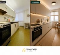 Visualization of a kitchen in a 2-room apartment with a wooden decor floor.