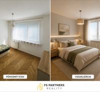 Visualization in a 2-room apartment with a wood-decor floor and a cozy bed.