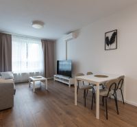 Living room in a two-room apartment with a sofa, television, and wooden decor flooring.