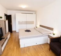 A bedroom in a 2-room apartment with furniture and flooring featuring a wood decor.