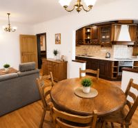 Living room with a kitchen and wooden decor in a 2-room apartment, with a dining table.