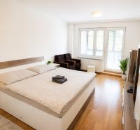 A bedroom with a large bed and a wooden decor floor in a two-room apartment.