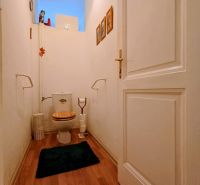 A toilet with a wooden decor floor in a 4-room apartment.