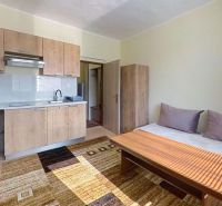 A kitchen in a holiday apartment with cabinets and flooring featuring a wood decor.