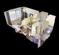 3D visualization of a Recreational Apartment with a wooden decor floor and modern furnishings.