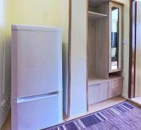 Refrigerator and wardrobe in a holiday apartment with a wooden decor floor.