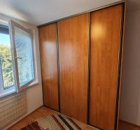 A wardrobe with sliding doors next to a window with a view in a 4-room apartment.