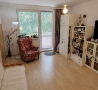 Living room in a four-room apartment with a wooden decor floor and a balcony.