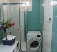 Bathroom with a shower and a washing machine in a 4-room apartment, with blue and white tiles.