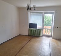 An empty room in a two-room apartment with a wood-patterned floor and a window to the balcony.