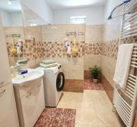 Bathroom in a family house with a washing machine, sink, and shower.