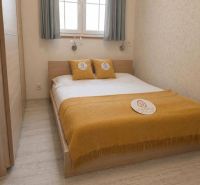 A bedroom in a two-room apartment with a bed and a wooden decor floor.